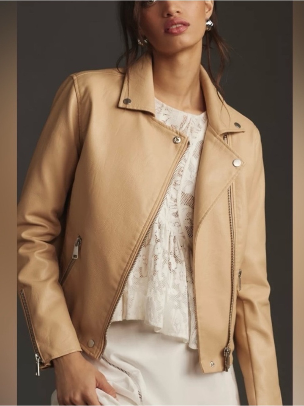 By Anthro Beige Faux Leather Biker Jacket